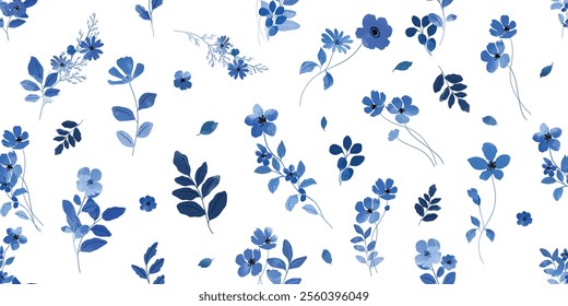 Blue indigo watercolor flower pattern seamless background vector. Watercolor hand painted botanical floral, daisy, wildflower, eucalyptus leaves. Design for wallpaper, banner, print, website.