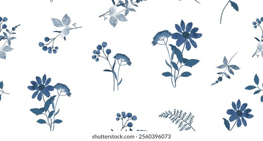 Blue indigo watercolor flower pattern seamless background vector. Watercolor hand painted botanical floral, daisy, wildflower, eucalyptus leaves. Design for wallpaper, banner, print, website.