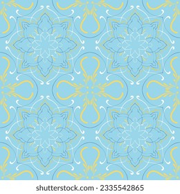  blue, indigo, yellow seamles pattern. Moroccan vintage ornament as backgrounds, for fabric, wallpaper, textile, websites, home decor (pillows, towels, napkins), tableware