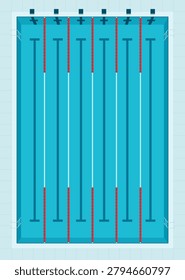 blue indoor swimming pool with multiple lanes, red lane ropes, and tiled deck. Top view vector illustration