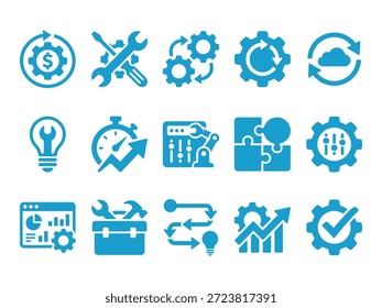 Conjunto de ícones de automação industrial azul e otimização de processos com braços robóticos, engrenagens, equipamento financeiro, ferramentas de manutenção, computação em nuvem e símbolos de estratégia isolados em branco.