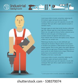Blue industrial background text and worker in red uniform with hammer and clipboard flat style vector illustration