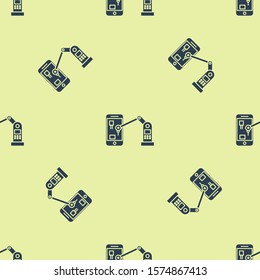 Blue Industrial machine robotic robot arm hand on mobile phone factory icon isolated seamless pattern on yellow background. Industrial robot manipulator.  Vector Illustration