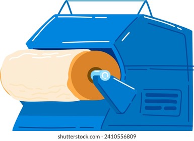 Máquina de procesamiento de rollos de papel industrial azul. Gran rollo de papel procesado en equipos de fábrica. Ilustración de vectores de maquinaria industrial y manufacturera.