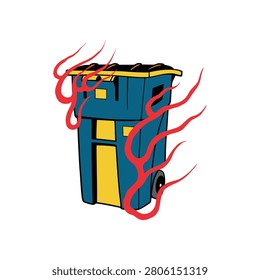 Blue industrial waste container with red cartoon fire flames. Burning hot garbage bin concept illustration isolated on a white background