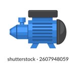Blue industrial water pump in flat cartoon style with simplified details and shadows, isolated on white background. Concept of mechanical equipment. Vector illustration