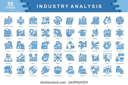 The blue Industry Analysis icon set highlights tools and concepts used for strategic planning, market research, and competitive insights ideal for business strategy, forecasting, and reporting visuals