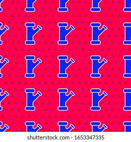 Blue Industry metallic pipe icon isolated seamless pattern on red background. Plumbing pipeline parts of different shapes.  Vector Illustration