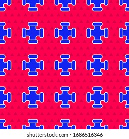 Blue Industry metallic pipe icon isolated seamless pattern on red background. Plumbing pipeline parts of different shapes.  Vector Illustration