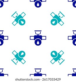 Blue Industry metallic pipe and valve icon isolated seamless pattern on white background.  Vector
