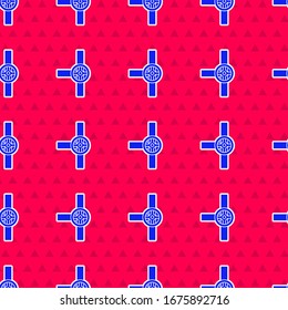 Blue Industry metallic pipes and valve icon isolated seamless pattern on red background.  Vector Illustration