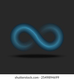 Blue infinity logo with gradient parallel lines on a dark background, representing eternity, infinite balance, and limitless symbol, ideal for designs in technology, spirituality, and creative.