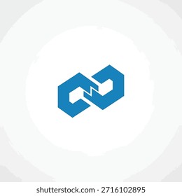 Blue infinity symbol composed of hexagons with broken link in middle. Modern concept of connection endless loop on white background.