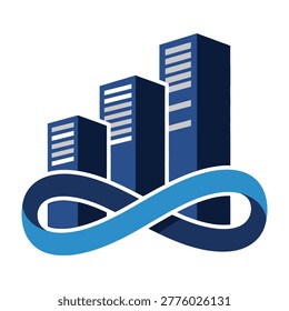 Blue infinity symbol in front of modern city buildings, representing limitless business growth and innovation.
