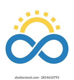 A blue infinity symbol paired with a vibrant yellow sun on a white background representing limitless possibilities and optimism