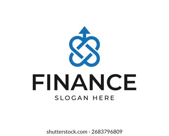 A blue infinity symbol with an upward pointing arrow is centered above the black text FINANCE and SLOGAN HERE on a white background.