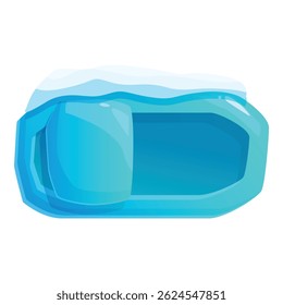 Blue inflatable kayak covered with snow, top view, isolated on white background