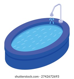 Blue inflatable pool filled with water with shower running isometric icon