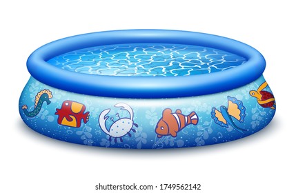 Blue Inflatable rubber pool with water. For families with children, happy summer. Isolated on a white background. Realistic vector illustration.