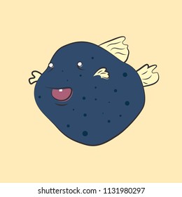 Blue inflated fish with yellow fins on a pale yellow background. Fish fugu. Cartoon. EPS10