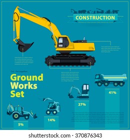 Blue info graphic big set of ground works blue machines vehicles. Catalog page. Heavy construction equipment for building truck digger crane bagger mix roller excavator transportation master vector.