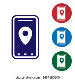 Blue Infographic of city map navigation icon isolated on white background. Mobile App Interface concept design. Geolacation concept. Set color icons in circle buttons. Vector Illustration
