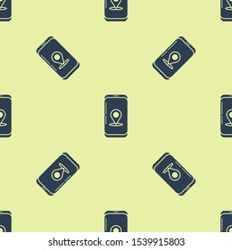 Blue Infographic of city map navigation icon isolated seamless pattern on yellow background. Mobile App Interface concept design. Geolacation concept.  Vector Illustration