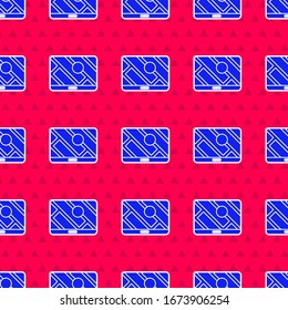 Blue Infographic of city map navigation icon isolated seamless pattern on red background. Mobile App Interface concept design. Geolacation concept.  Vector Illustration