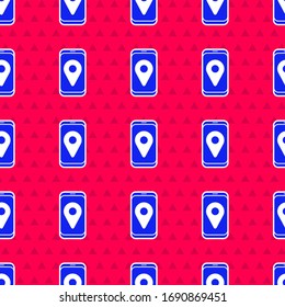 Blue Infographic of city map navigation icon isolated seamless pattern on red background. Mobile App Interface concept design. Geolacation concept.  Vector Illustration