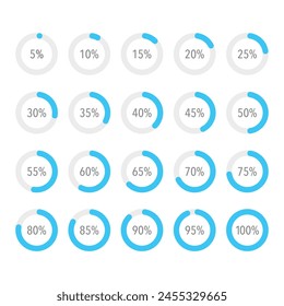 Conjunto de gráficos de piezas de porcentaje de infografía azul, segmento de iconos de círculo de agujero 10% - 100%, diseño plano simple carga de datos interfaz Elementos App Botón ui ux Web, Vector aislado sobre fondo blanco