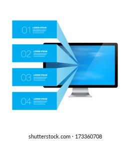 Blue infographic text boxes with realistic 3d computer monitor with blue sky wallpaper Eps 10 vector illustration  