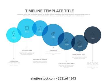 Plantilla de línea de tiempo de infografía azul hecha de círculos de contenido con íconos, años y algo de contenido de texto de muestra. Plantilla de línea de tiempo Horizontal