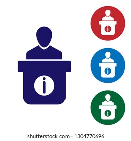 Blue Information desk icon isolated on white background. Man silhouette standing at information desk. Help person symbol. Information counter icon. Vector Illustration