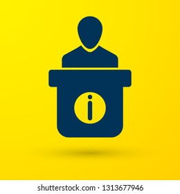 Blue Information desk icon isolated on yellow background. Man silhouette standing at information desk. Help person symbol. Information counter icon. Vector Illustration