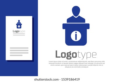 Blue Information Desk Icon Isolated On White Background. Man Silhouette Standing At Information Desk. Help Person Symbol. Information Counter. Logo Design Template Element. Vector Illustration