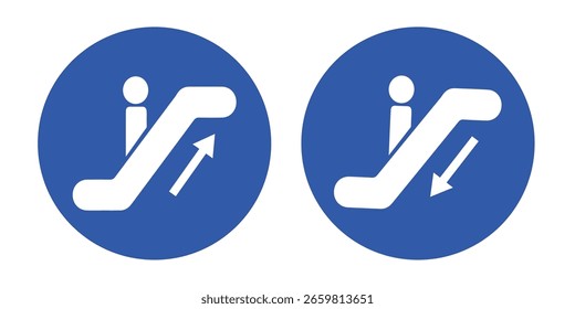 Icono de información azul con escaleras mecánicas hacia arriba y hacia abajo con figuras y flechas blancas. Ideal para transporte público, estaciones de metro, aeropuertos, centros comerciales y señalización de navegación moderna.