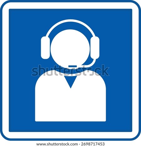 Blue Information Sign. Vector Icon. Person with Headphones and Microphone. Help Desk, Hotline, Patient Assistance. Hospital Department Sign