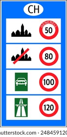 Blue information table with official speed limit signs for Switzerland. Illustration made July 3rd, 2024, Zurich, Switzerland.