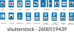 Blue Informatory Road Signs Indicating Directions, Destinations, Facilities, and Roadside Services for Drivers and Travelers