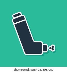 Blue Inhaler icon isolated on green background. Breather for cough relief, inhalation, allergic patient. Medical allergy asthma inhaler spray.  Vector Illustration