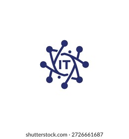 Blue IT initial letter logo. Connected dots forming a technological network design. Modern digital communication concept icon. Transparent.