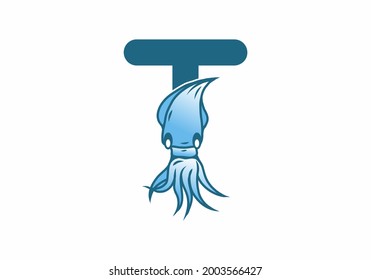Blue initial letter T with squid design
