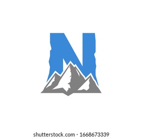 Blue Initial N logo with Grey Mountains