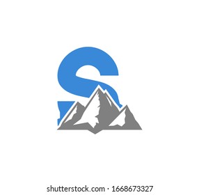Blue Initial S logo with Grey Mountains