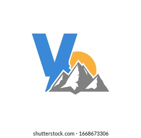 Blue Initial Y logo with Grey Mountains and sun