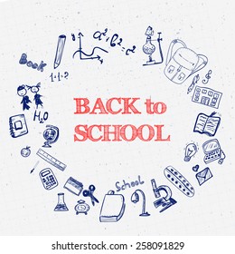 Blue Ink Back to School Doodles with Book, Bag, Art Supplies and Book. Hand-Drawn Vector Illustration Design Elements on Lined Sketchbook Paper Background