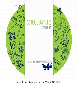 Blue Ink Back to School Doodles with Book, Bag, Art Supplies and Book. Hand-Drawn Vector Illustration Design Elements on Lined Sketchbook Paper Background