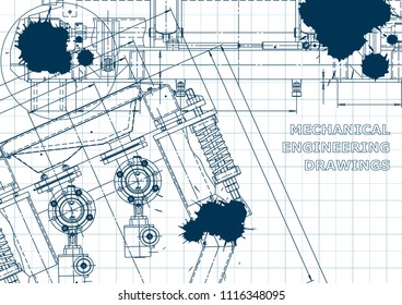Blue Ink. Blots. Blueprint, scheme, plan, sketch. Technical illustrations, backgrounds. Mechanical engineering drawing. Machine-building industry. Instrument-making drawing