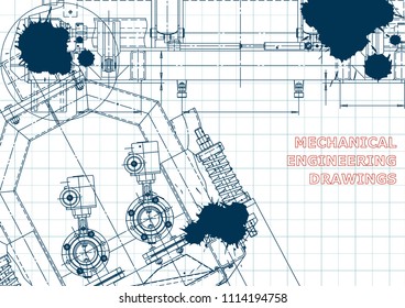 Blue Ink. Blots. Computer aided design systems. Technical illustrations, backgrounds. Mechanical engineering drawing. Machine-building industry
