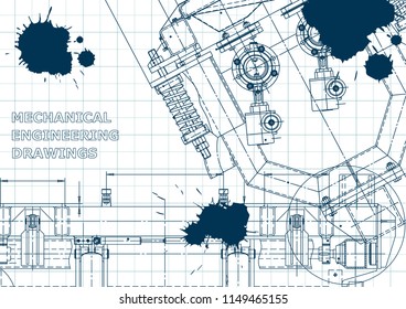 Blue Ink. Blots. Technical illustrations, backgrounds. Mechanical engineering drawing. Machine-building industry. Instrument-making drawings. Blueprint, diagram, plan, sketch